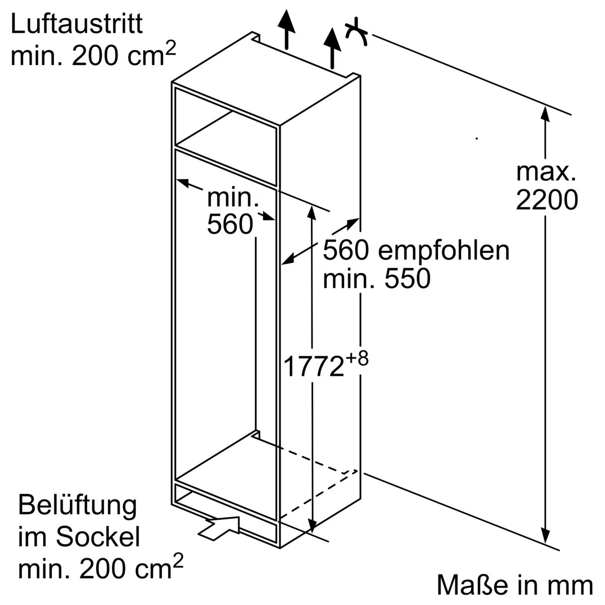 Technische Zeichnung der Nischenmaße für Siemens KI82LADD0 Einbau (Höhe 177,5 cm)