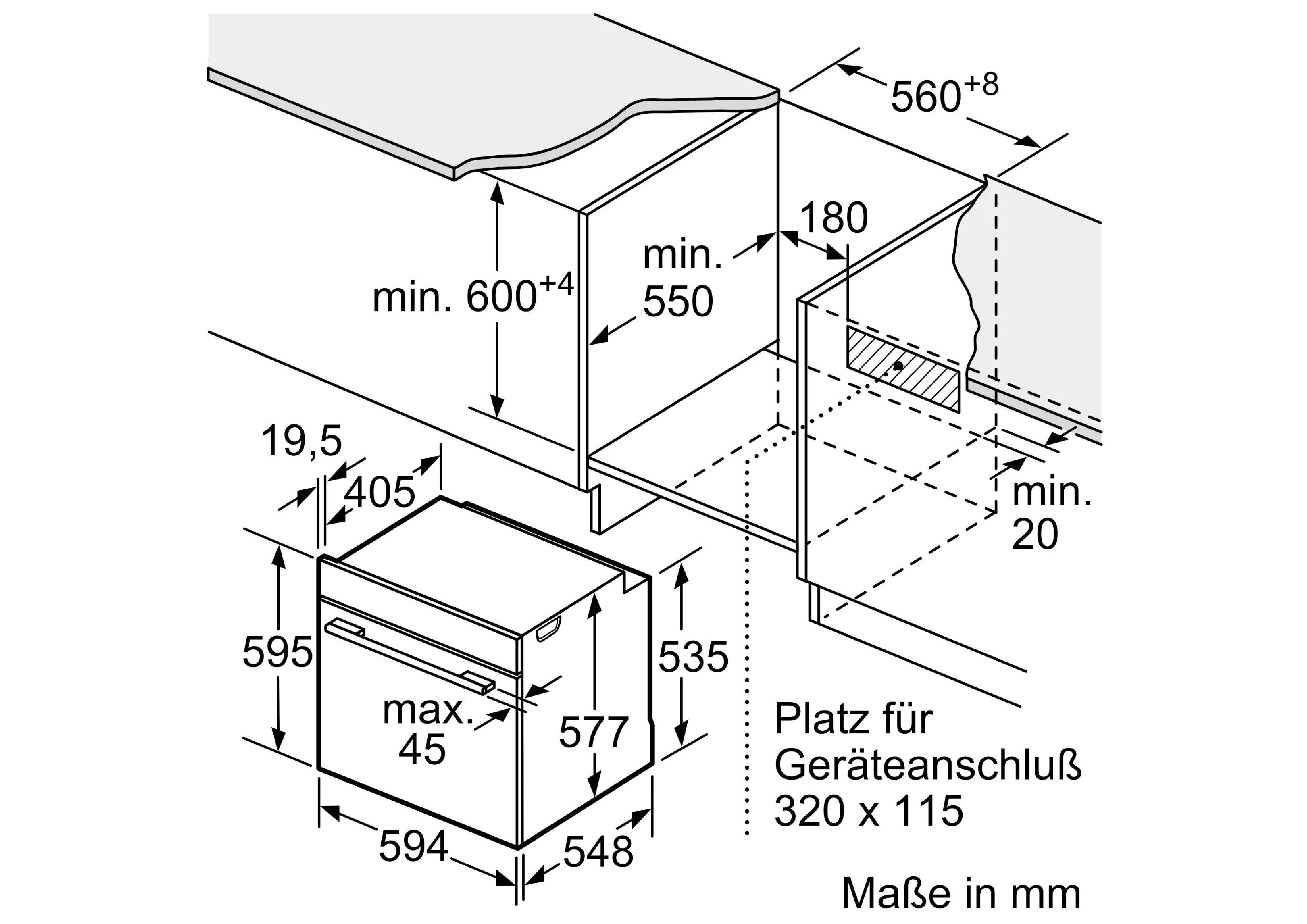 Technical dimensional drawing for the oven installation with all relevant millimeter specifications.