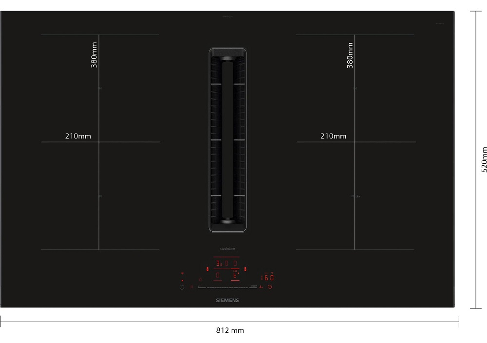 Technical top view of the Siemens hob showing dimensions of 812 mm width, 520 mm depth, and large cooking zones.