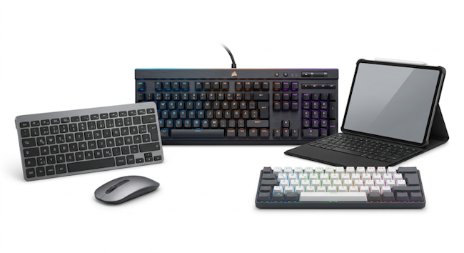 Auswahl verschiedener Tastaturen: Eine mechanische RGB-Gaming-Tastatur, ein flaches Office-Keyboard mit Maus, eine Tablet-Tastaturhülle und eine kompakte Custom-Tastatur.