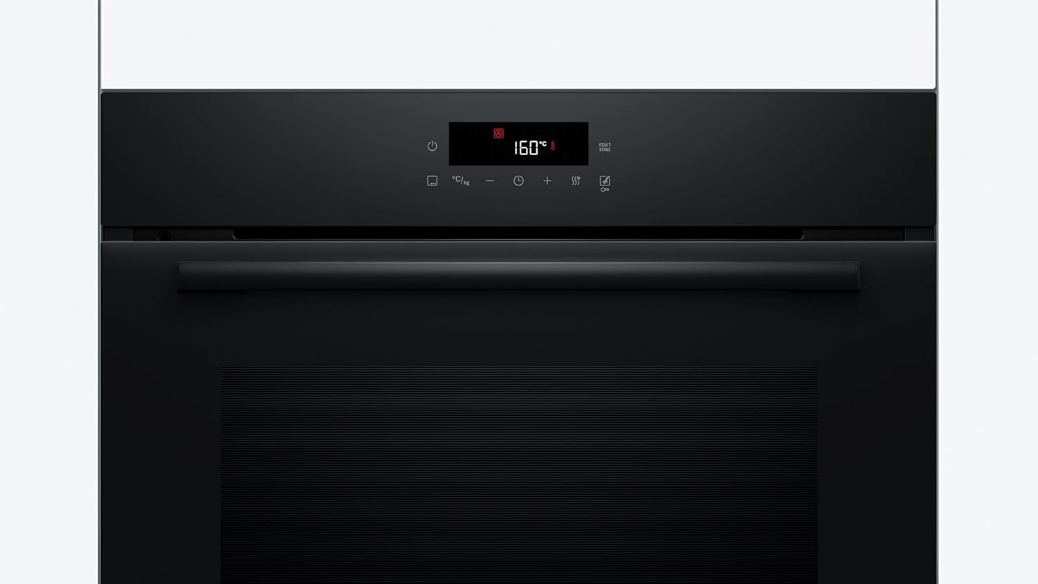 Close-up of the digital display and minimalist touch controls of the Bosch oven.
