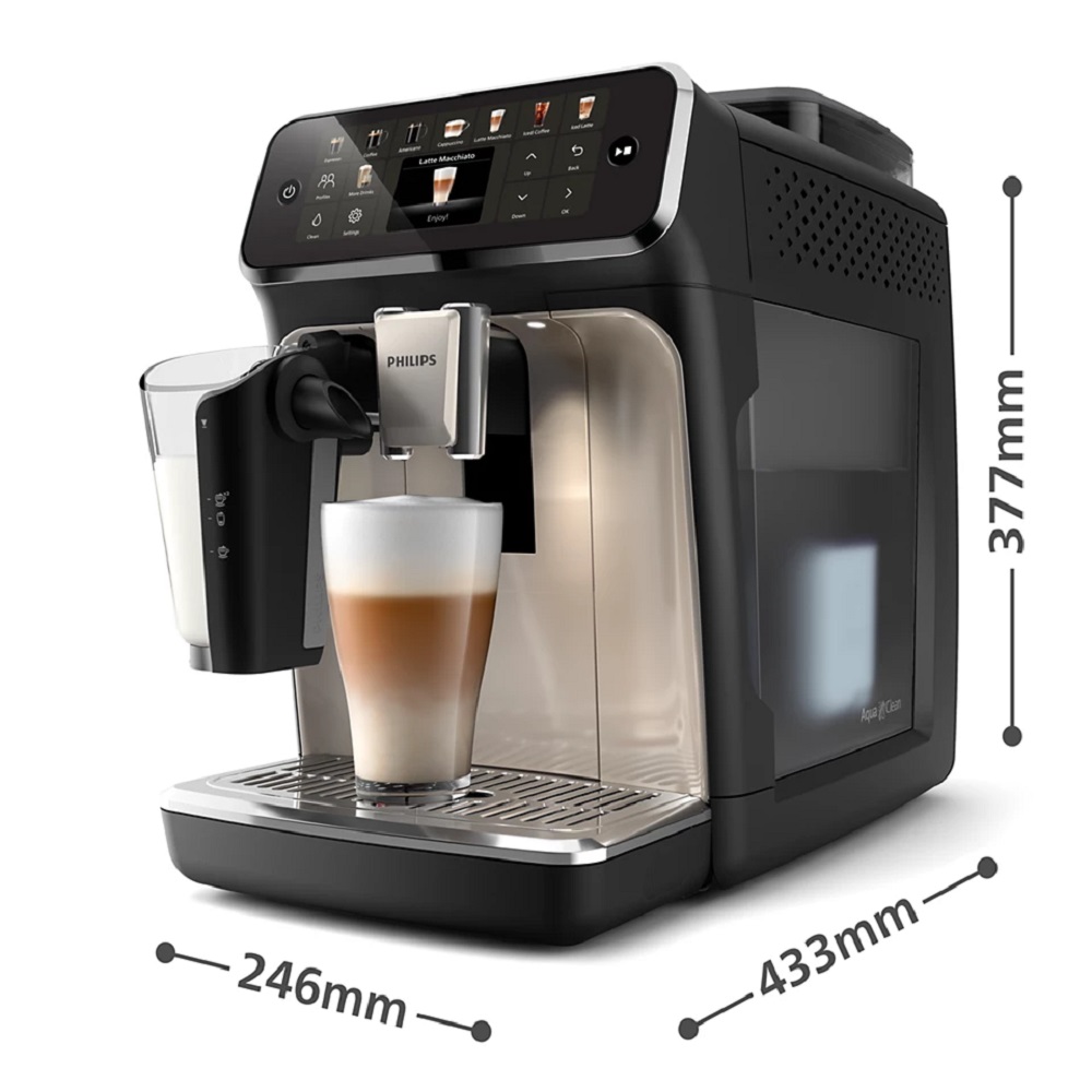 Philips EP5547/90 Kaffeevollautomat mit angegebenen Maßen in Höhe, Breite und Tiefe