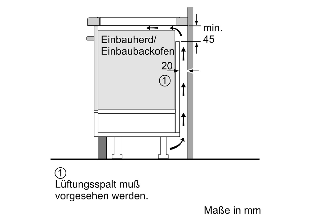 Technische Einbauzeichnung im Querschnitt für den Einbau des Induktionskochfelds direkt über einem Einbauherd oder Einbaubackofen, inklusive der Luftstrom-Pfeile und der Bemaßung für den hinteren Lüftungsspalt von mindestens 45 mm.