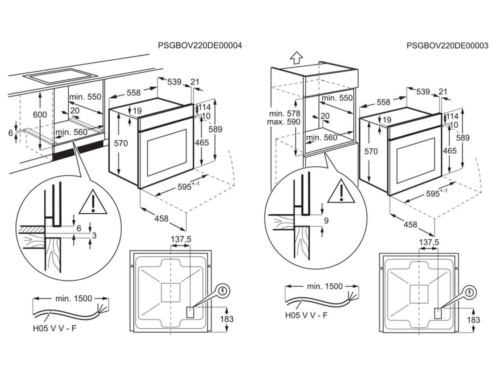 Technical drawing with detailed installation dimensions for the oven.