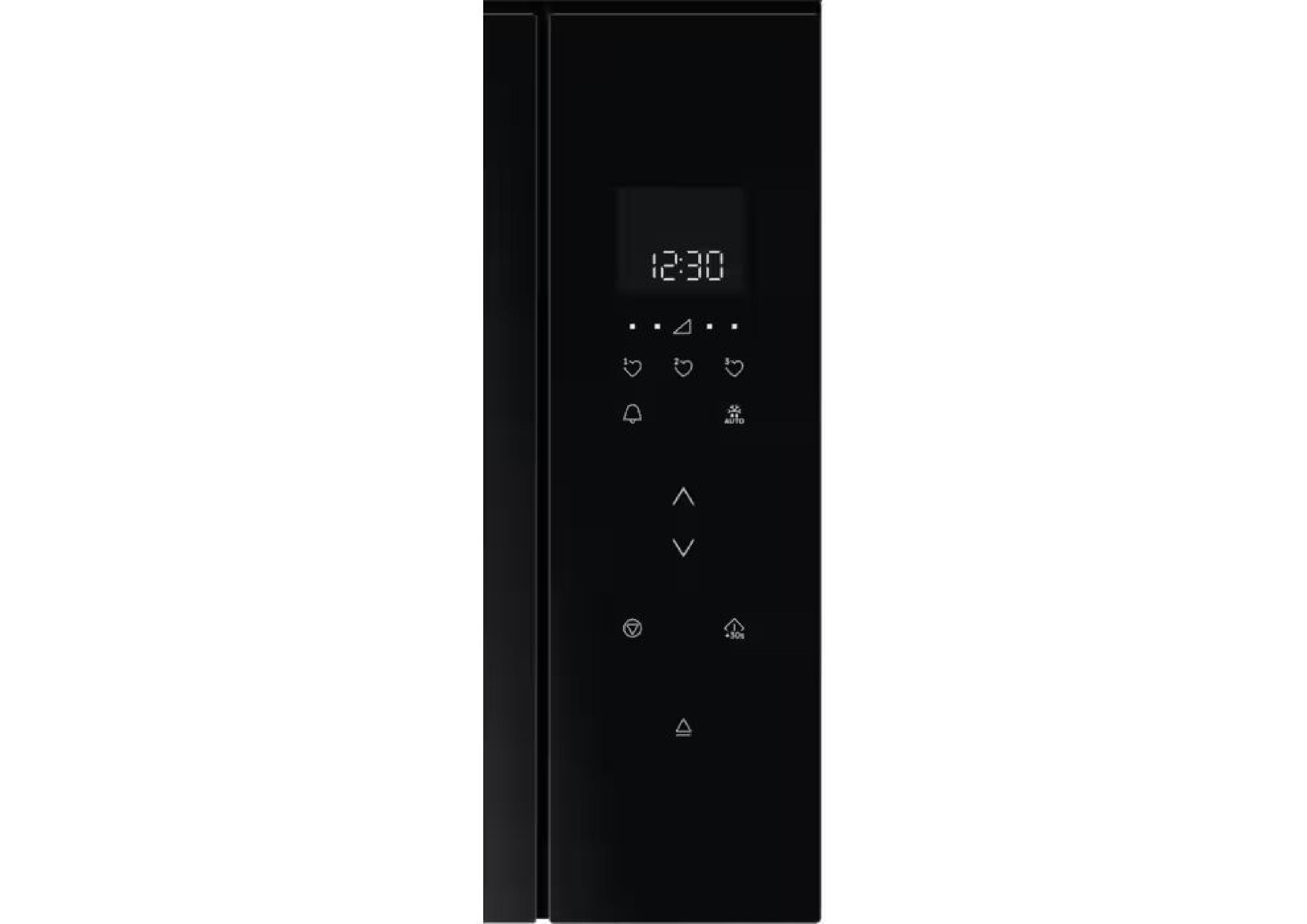 Close-up of the black touch control panel with white LED time display