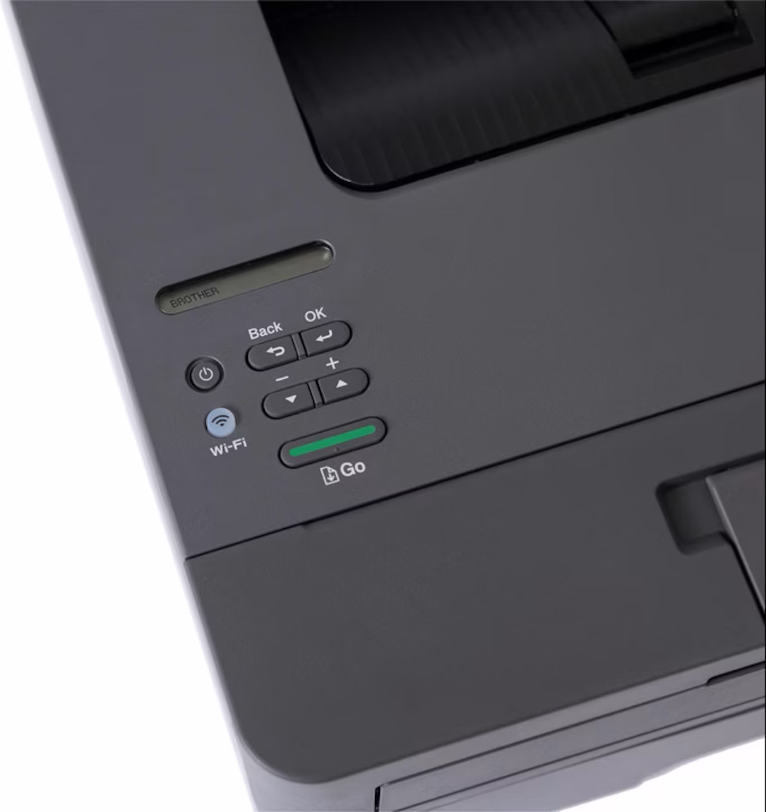 Ansicht auf die Bedienungsfeld des kompakten Brother HL-L2445DW.