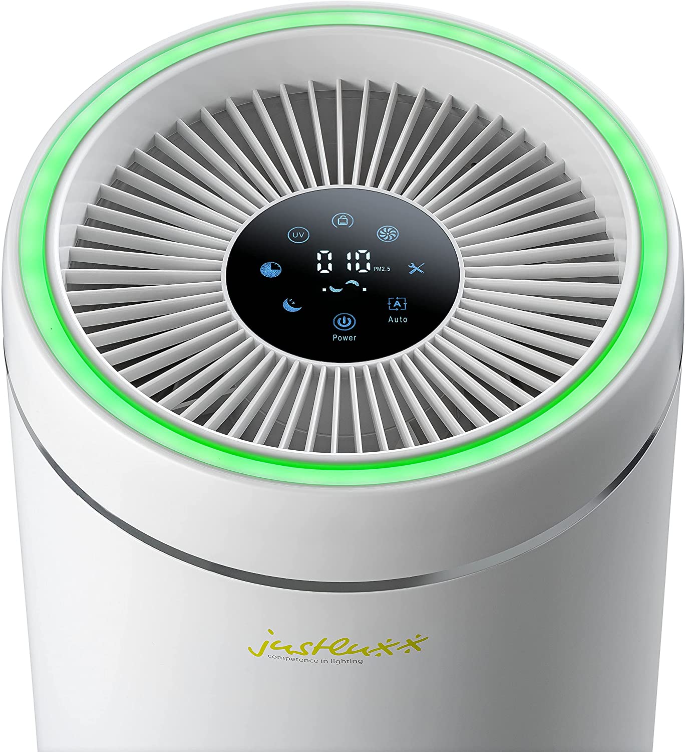 Justluxx Amax3 – Bedienfeld. Justluxx Amax3 Luftreiniger, Nahaufnahme des digitalen Bedienfelds mit Tasten.