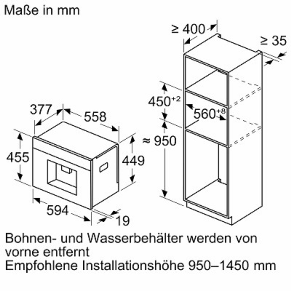 Siemens Einbaumaße Nische Technische Zeichnung mit Nischenmaßen für den Einbau des Kaffeevollautomaten