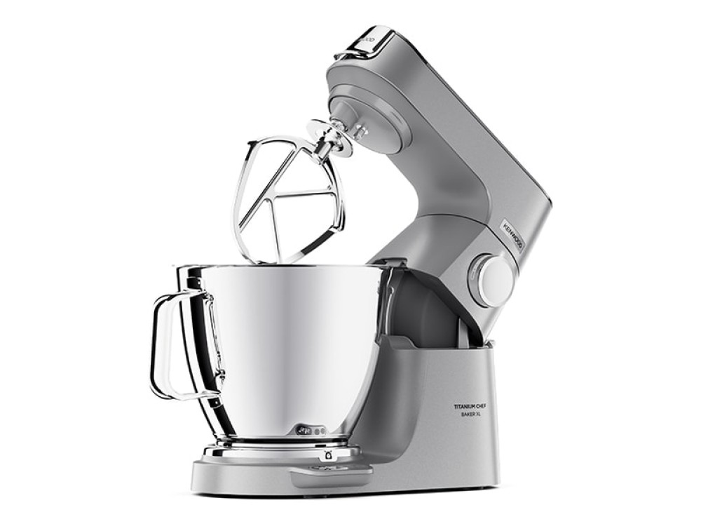 Kenwood Titanium Chef Baker XL KVL85.004SI in Silber, Schrägansicht mit sichtbarem LightLift-Kopf und Planetenrührsystem