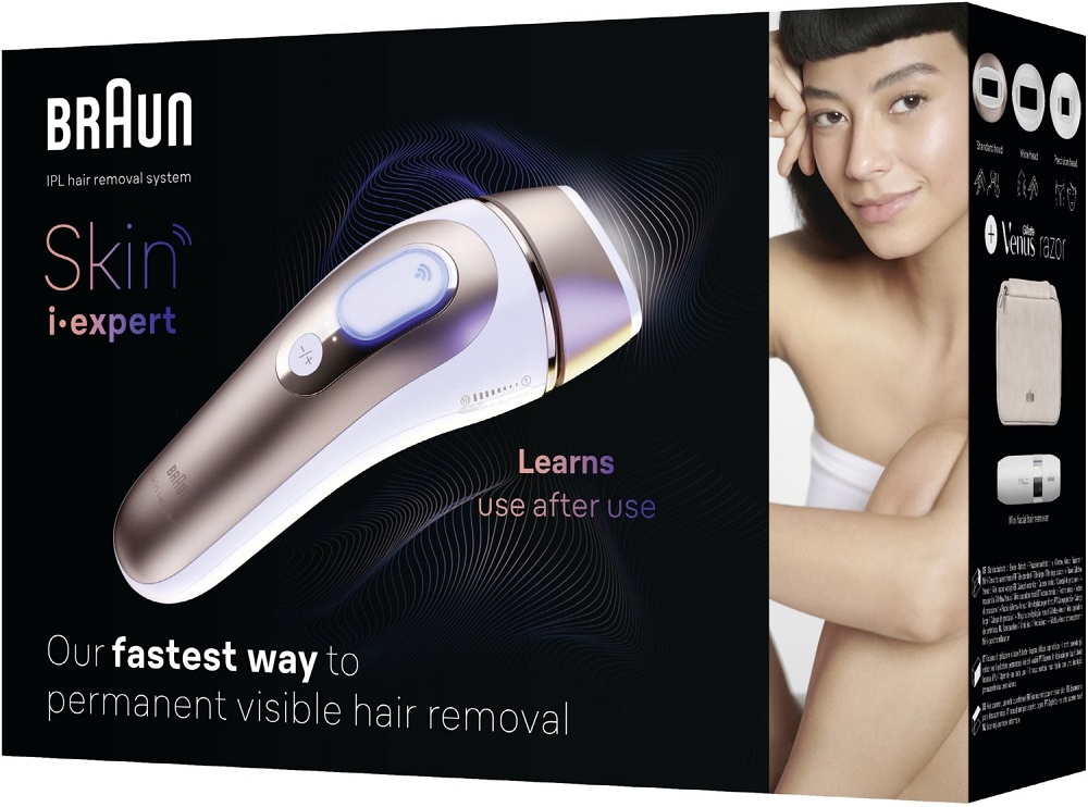 Verkaufsverpackung des Braun Skin i-expert IPL-Systems mit einer abgebildeten Frau und Produktvorteilen in Englisch.