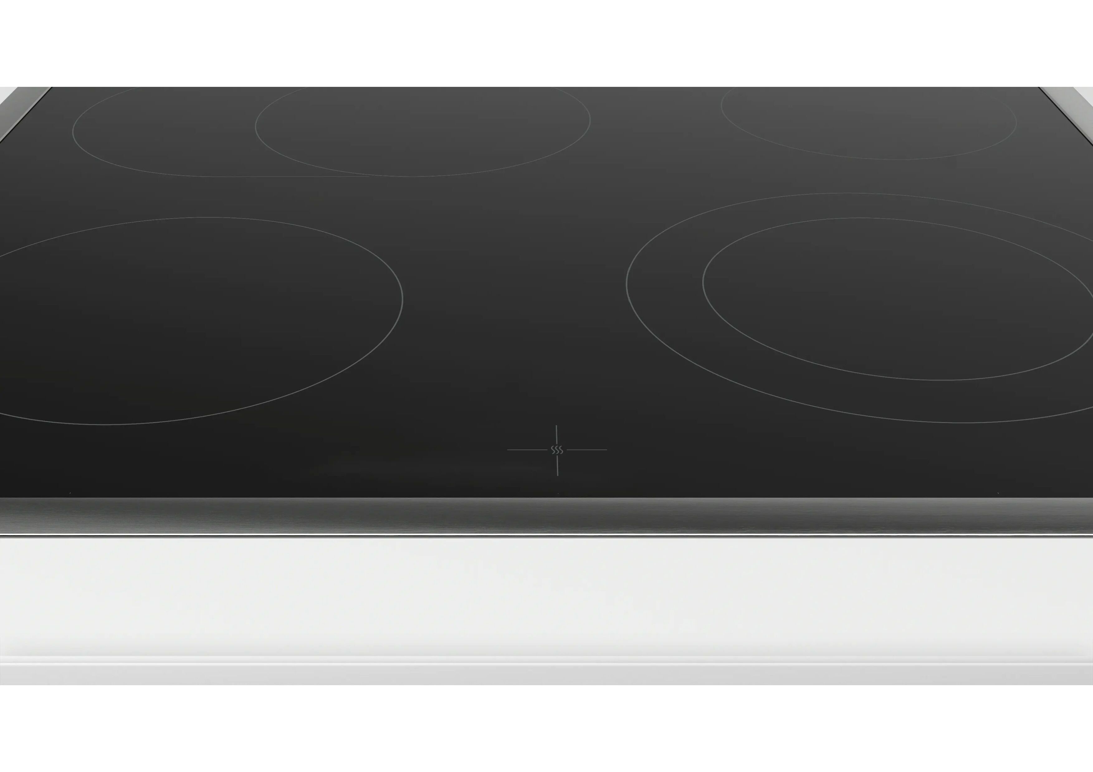 Schräge Vorderansicht des schwarzen Glaskeramik-Kochfelds mit dezenten Markierungen der Kochzonen.