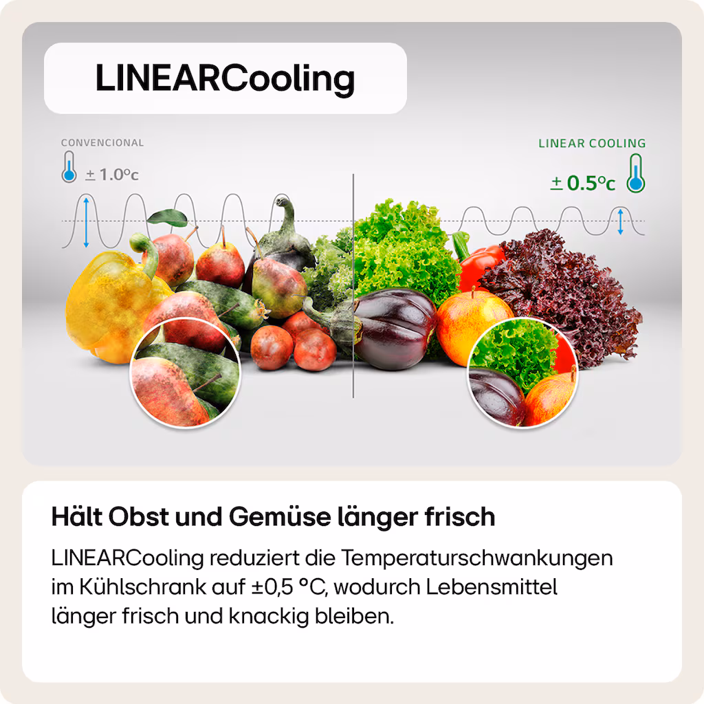 LG GSXV91MCAE Side-by-Side-Kühlschrank LinearCooling hält Obst und Gemüse Länger Frisch LG GSXV91MCAE Side-by-Side-Kühlschrank reduziert Temperaturschwankungen im Kühlschrank