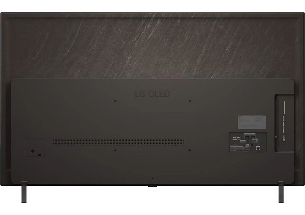 Die Rückseite eines LG OLED TV mit sichtbarem Anschlussfeld für HDMI, LAN und USB sowie Standfüßen.