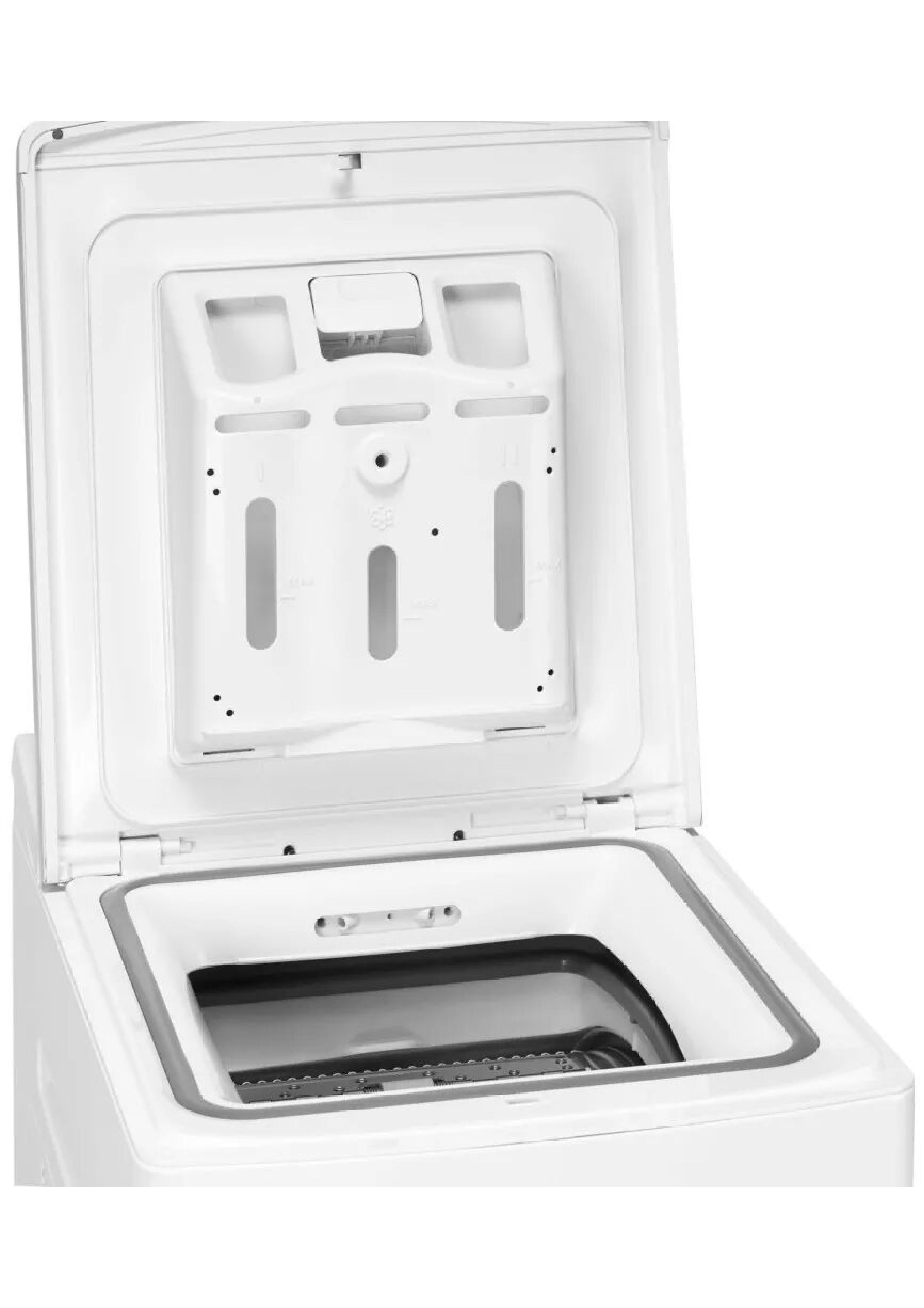 Geöffneter Deckel der Midea Waschmaschine mit Ansicht des integrierten Waschmittelfachs