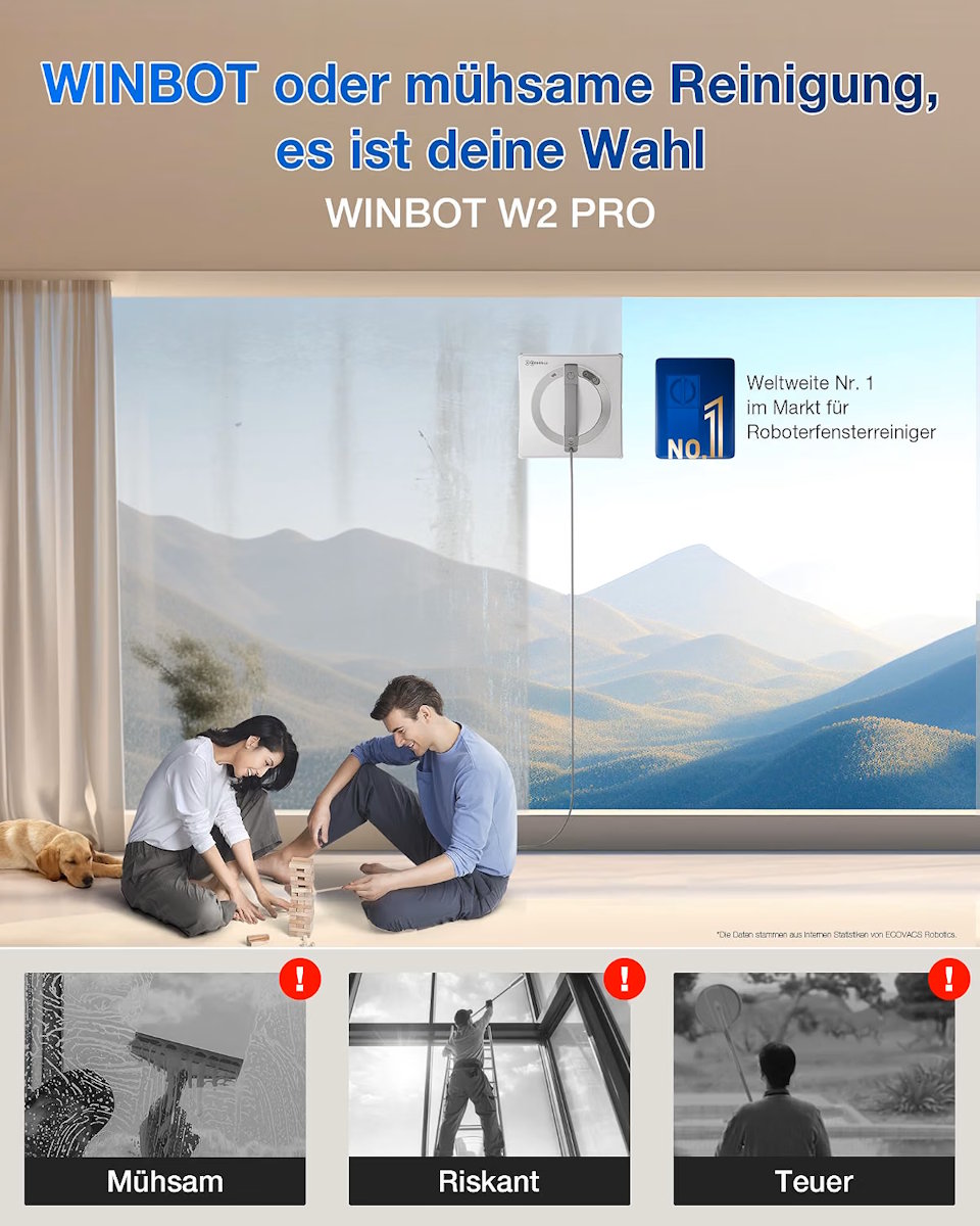 Ecovacs WINBOT W2 PRO window cleaning robot with intelligent climbing system (synchronous belt) and edge cleaning mode for window frames