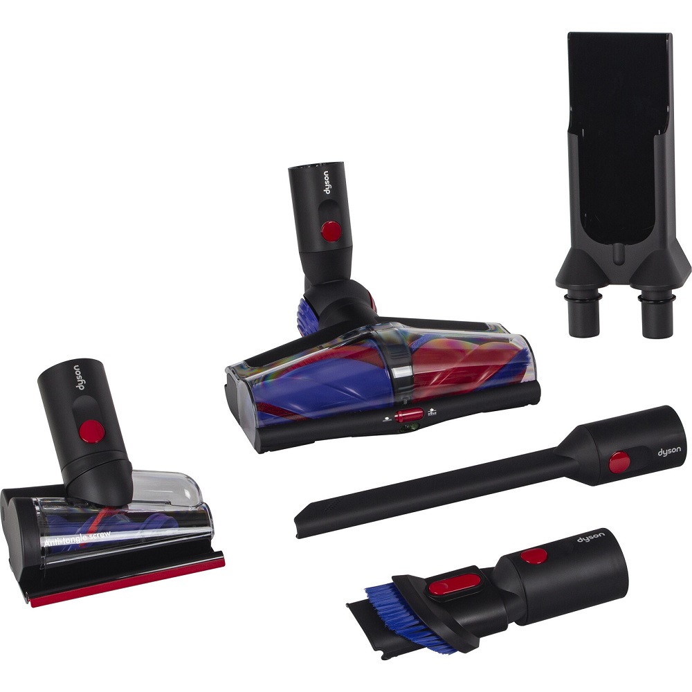 Auswahl an Dyson Original-Zubehör: Motorisierte Digital Motorbar Bodendüse, Haardüse, Fugendüse und Wandhalterung.