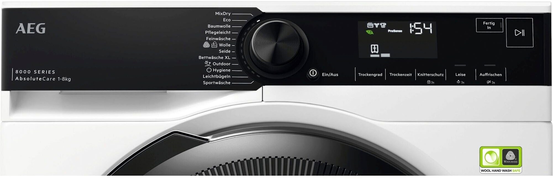 Detailansicht des digitalen Displays und Programmwahlschalters des AEG TR8T75780 mit MixDry- und SensiDry-Technologie.