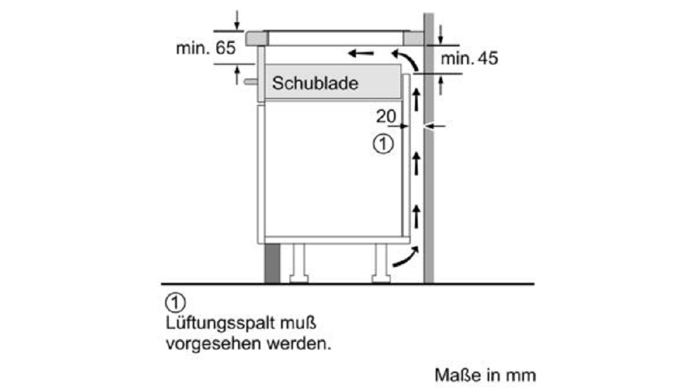 Technische Skizze des Siemens EX875LVC1E Induktionskochfelds, zeigt den empfohlenen Lüftungsspalt bei Installation über einer Schublade (Maße in mm).