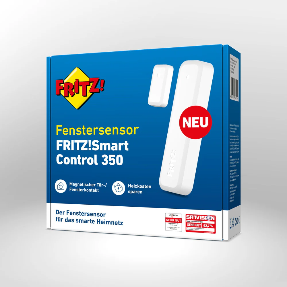 Verpackung des FRITZ!Smart Control 350, hebt die Funktion als magnetischer Fensterkontakt und die Möglichkeit zum Heizkosten sparen hervor.