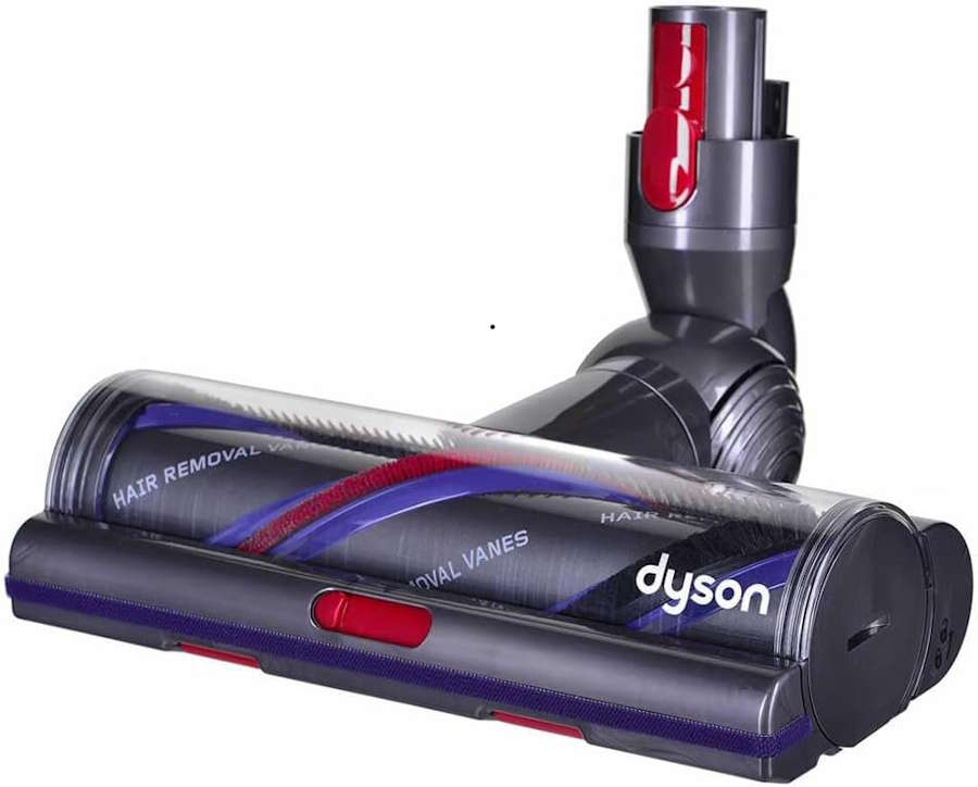Dyson Digital Motorbar Bürste mit Lamellen zur Entwirrung von Haaren auf Teppich.