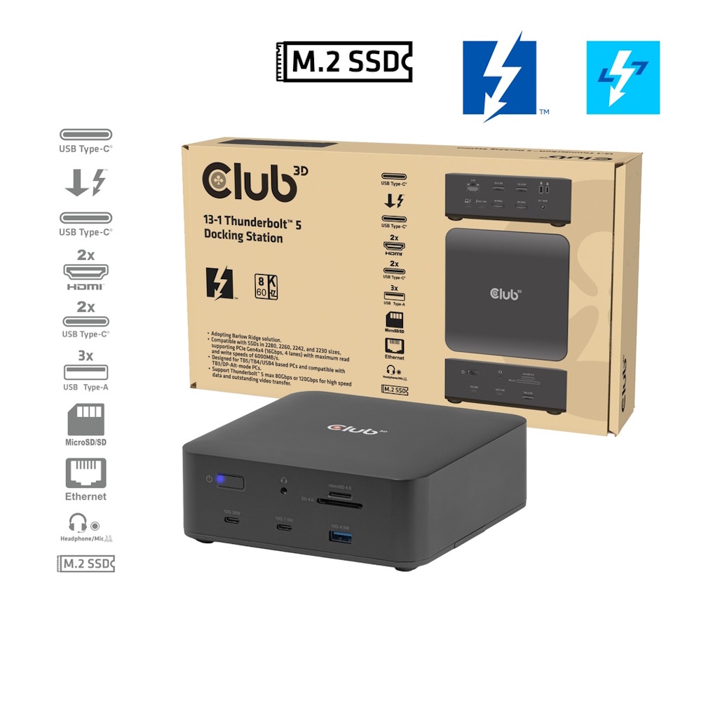 CLUB3D CSV-2562 13-1 Thunderbolt™ 5 Dockingstation M.2 SSD 2x HDMI™ 8K60Hz Thunderbolt™ Share Zertifiziert 180W