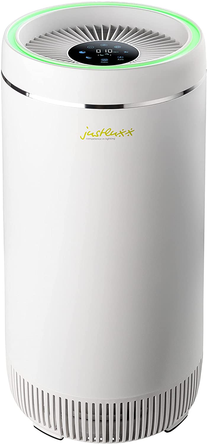 Justluxx Amax3 Luftreiniger, frontale Ansicht des Geräts auf neutralem Hintergrund.