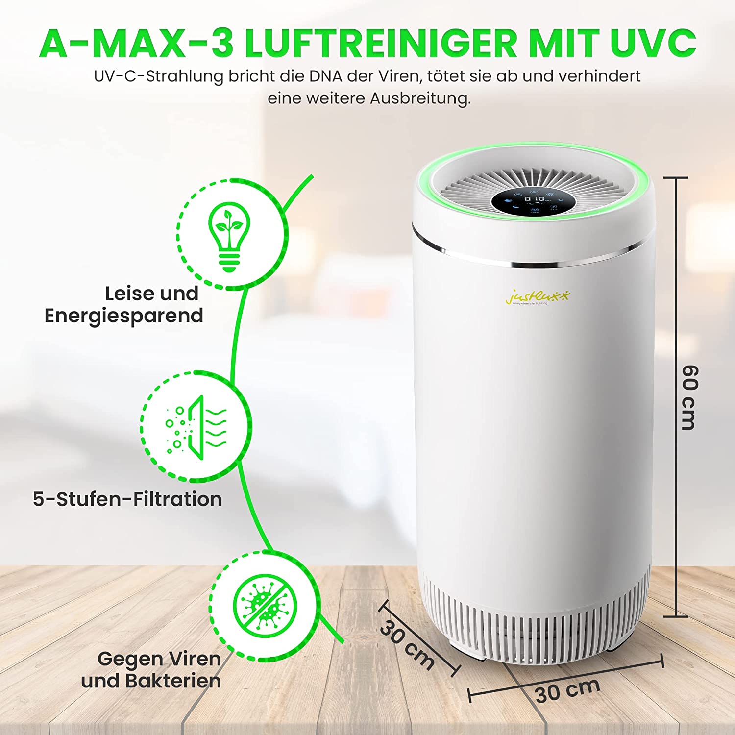JUSTLUXX Air AMAX-3 Luftreiniger mit kompaktem Design und einfacher Bedienung