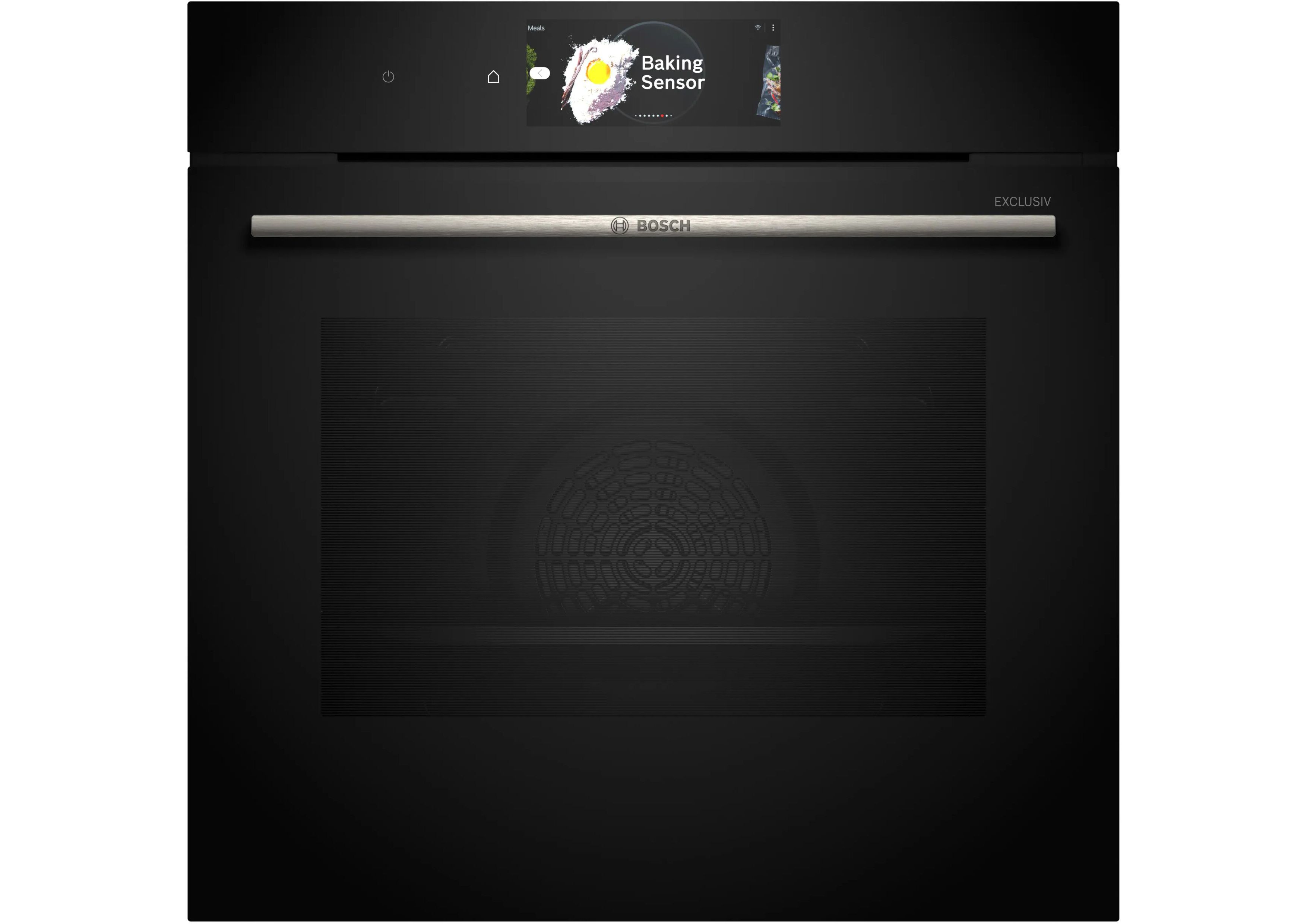 Front view of the Bosch Series 8 oven HBG778NB1 in all-black design with digital display,