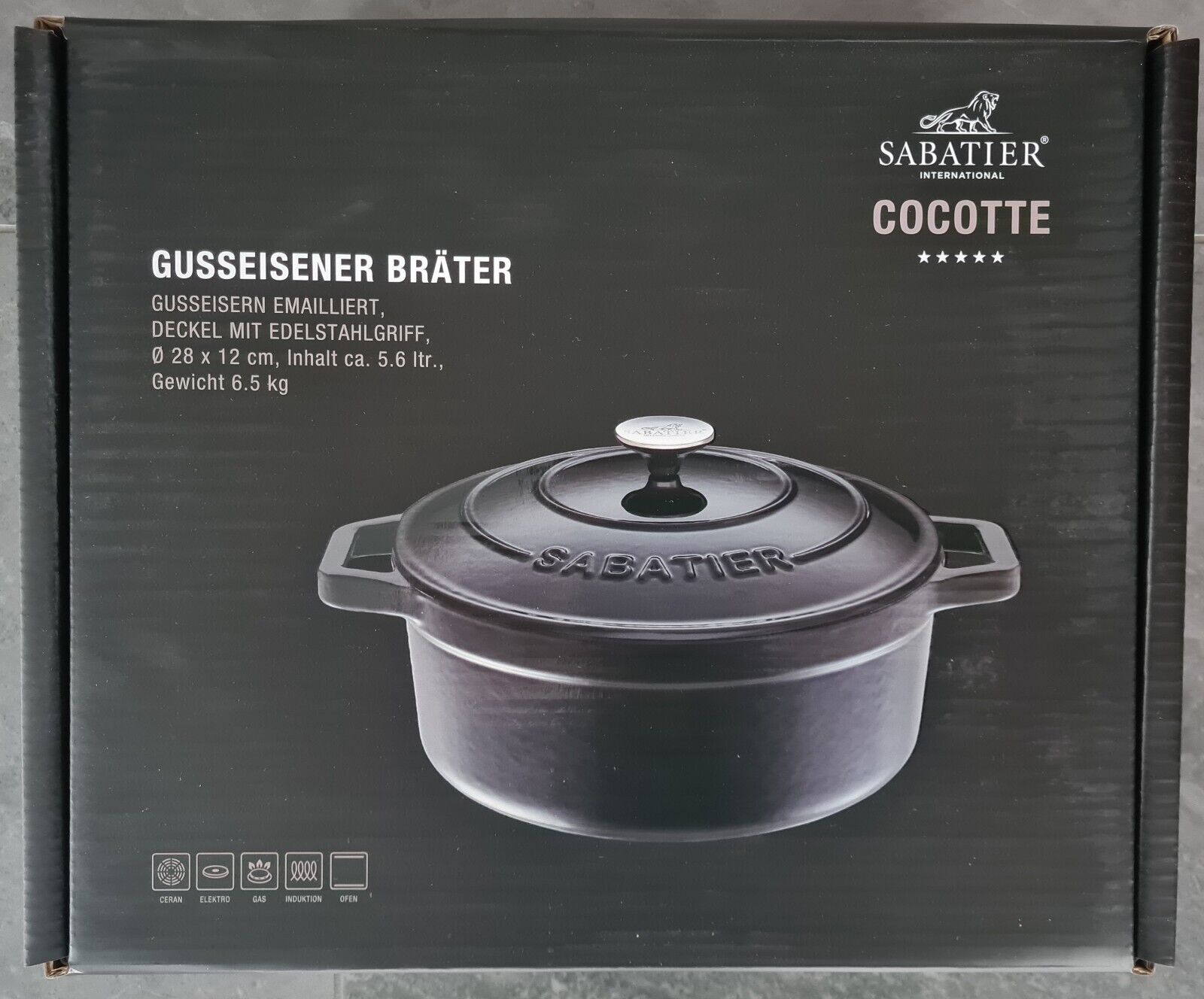 Verpackung SABATIER Schmortopf GUSSEISERNE SCHMORPFANNE  Emailliert, Deckel mit Edelstahl-Knopf  Ø 280 x 95 mm, Inhalt ca. 4,5 I, Gewicht 5 kg