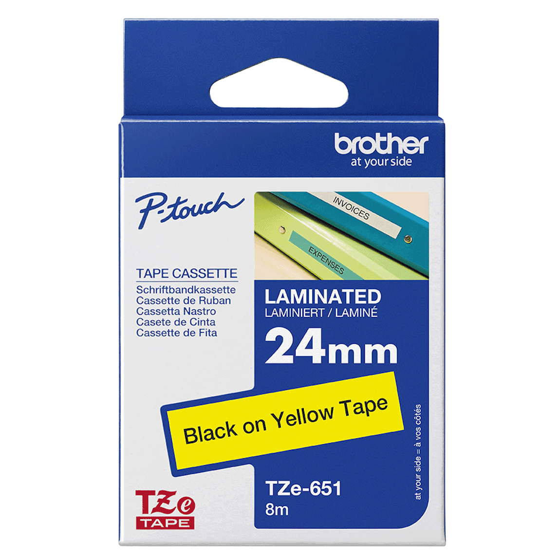 Brother TZe-651 Schriftband 24 mm mit Beispielbeschriftung: schwarze Schrift auf gelbem Laminierband, 8 m Bandlänge, geeignet für Büro, Lager und Haushalt
