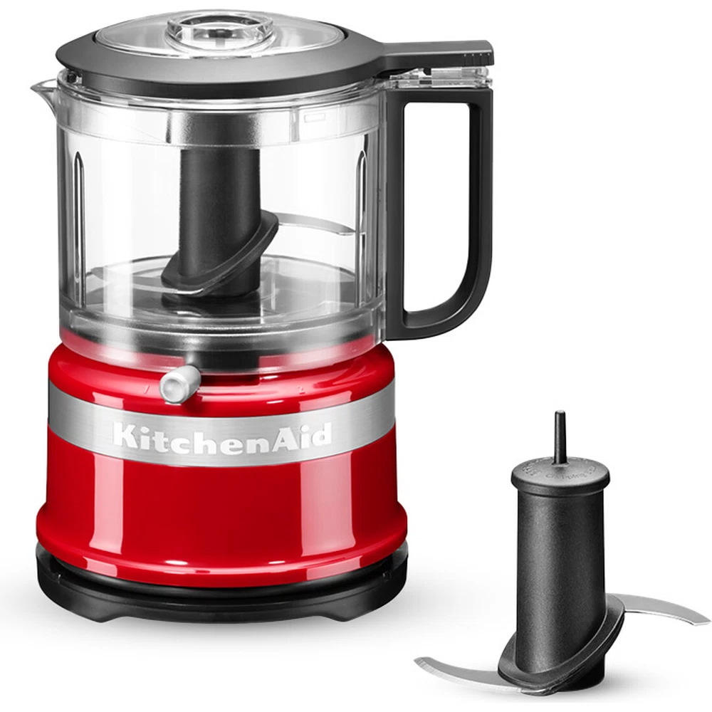 KitchenAid Mini Zerkleinerer – Robustes Design Seitenansicht des KitchenAid Mini Food Processors in Empire Rot