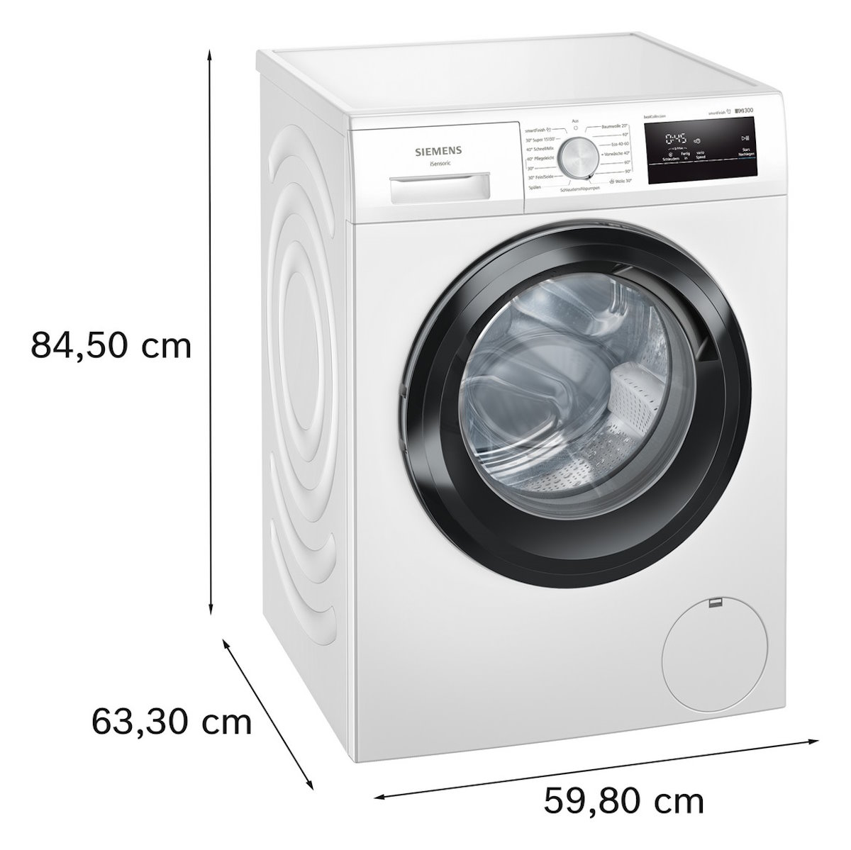 Vorderansicht der Siemens WM14N0G4 Waschmaschine mit sichtbaren Maßen der Höhe, Breite und Tiefe.