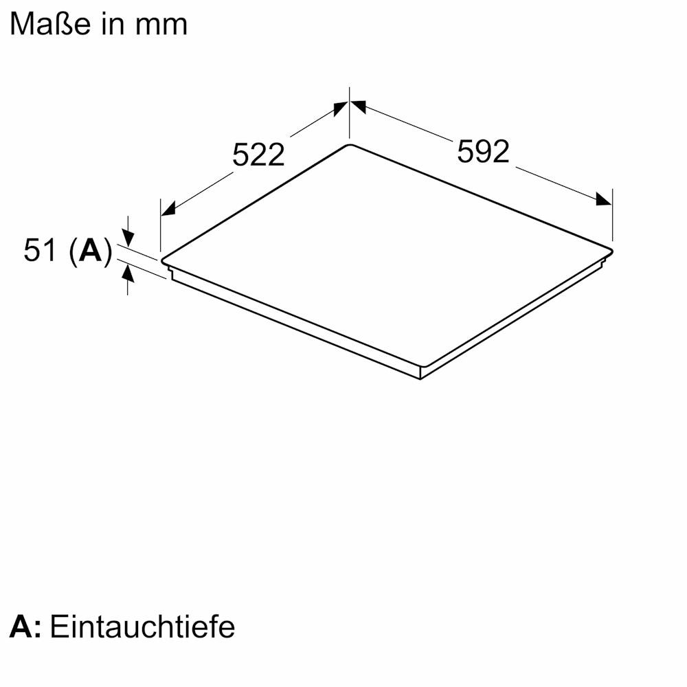 Technische Zeichnung des Bosch PVQ61CHB1E mit Abmessungen 592 x 522 mm und Einbautiefe 51 mm