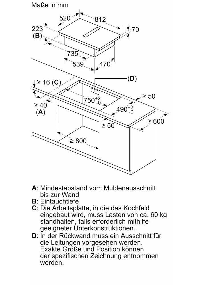 Technical drawing of installation requirements with cut-out dimensions of 750 mm by 490 mm for the base cabinet.