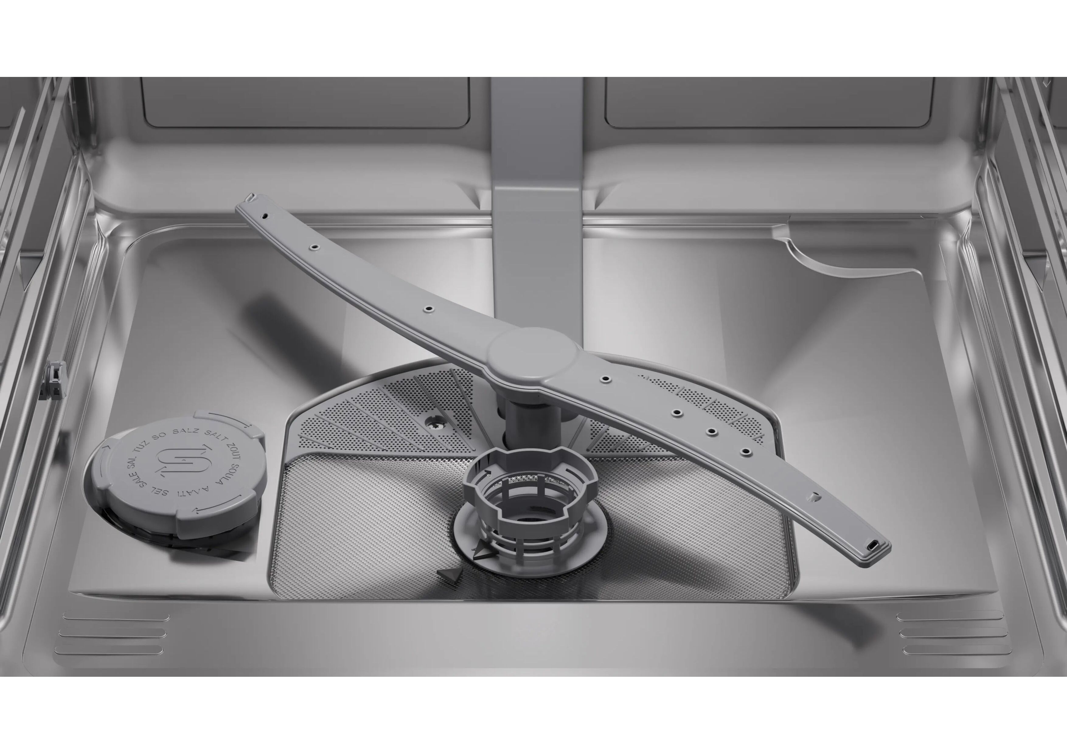 Detailansicht des unteren Sprüharms und des Filtersystems im Boden des Bosch Geschirrspülers