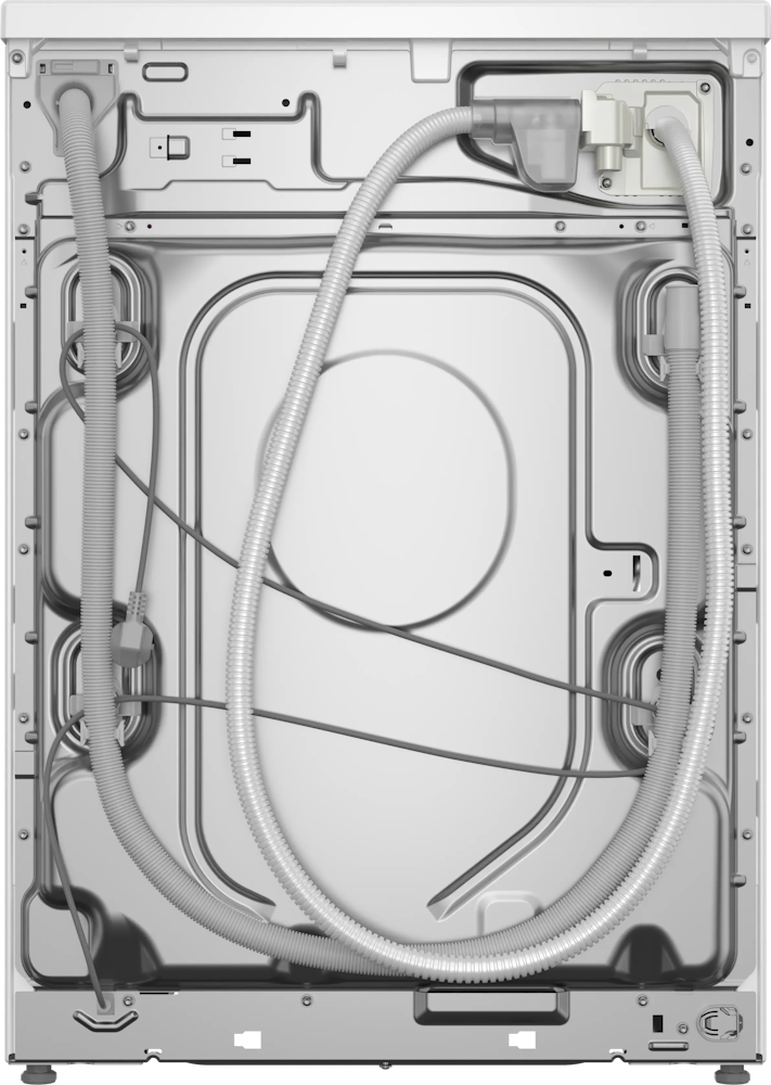 Rückansicht der Bosch WGG244F40 mit Wasserzulauf, Ablaufschlauch und internen Anschlüssen