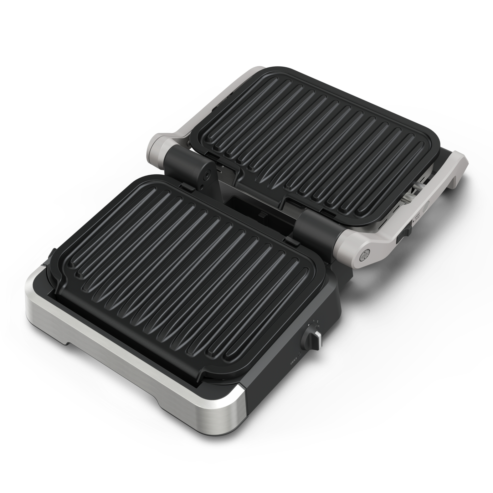 Tefal grill fully opened to 180 degrees showing two ribbed, black non-stick grill plates