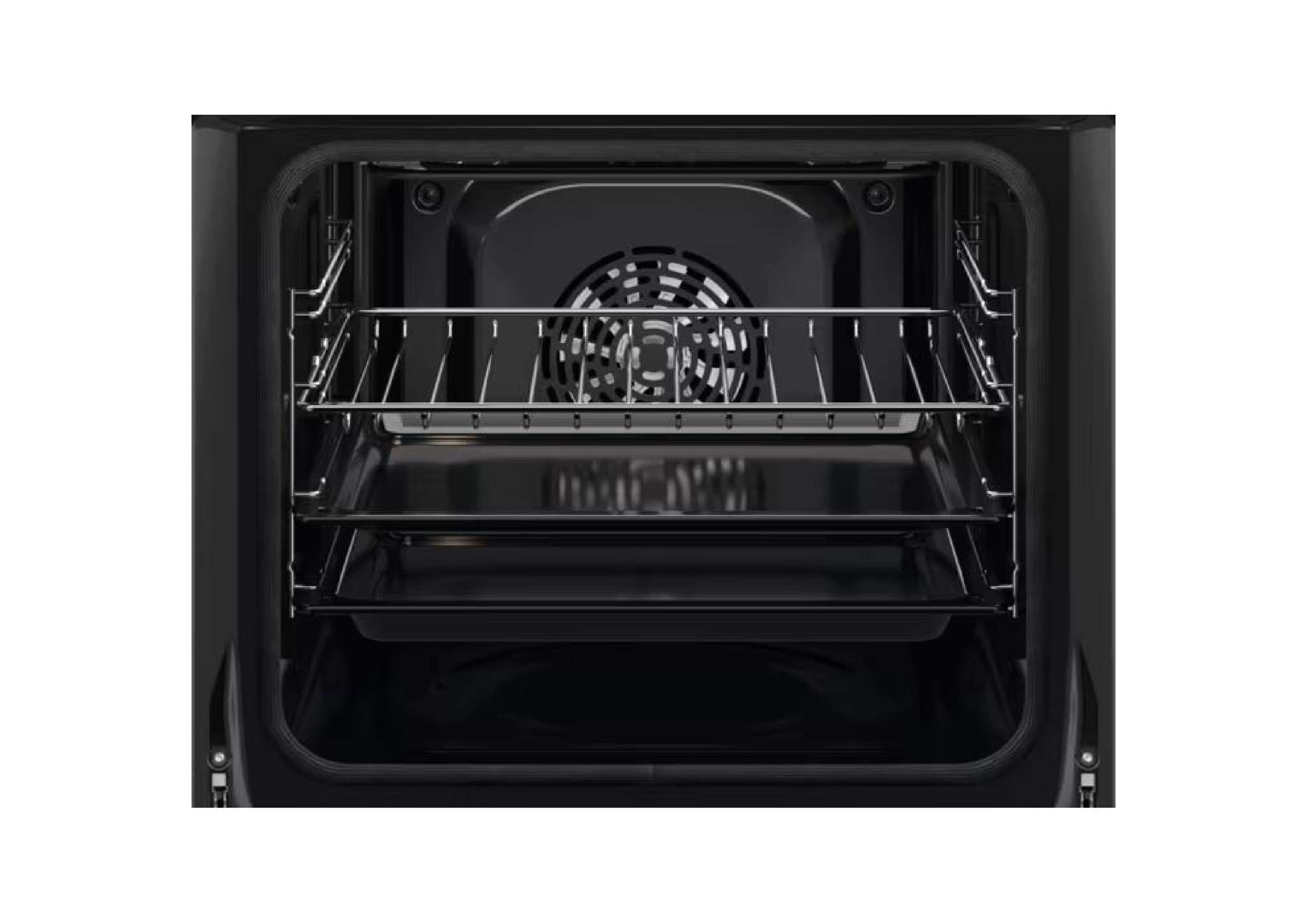 View into the empty oven cavity with baking trays and convection fan.