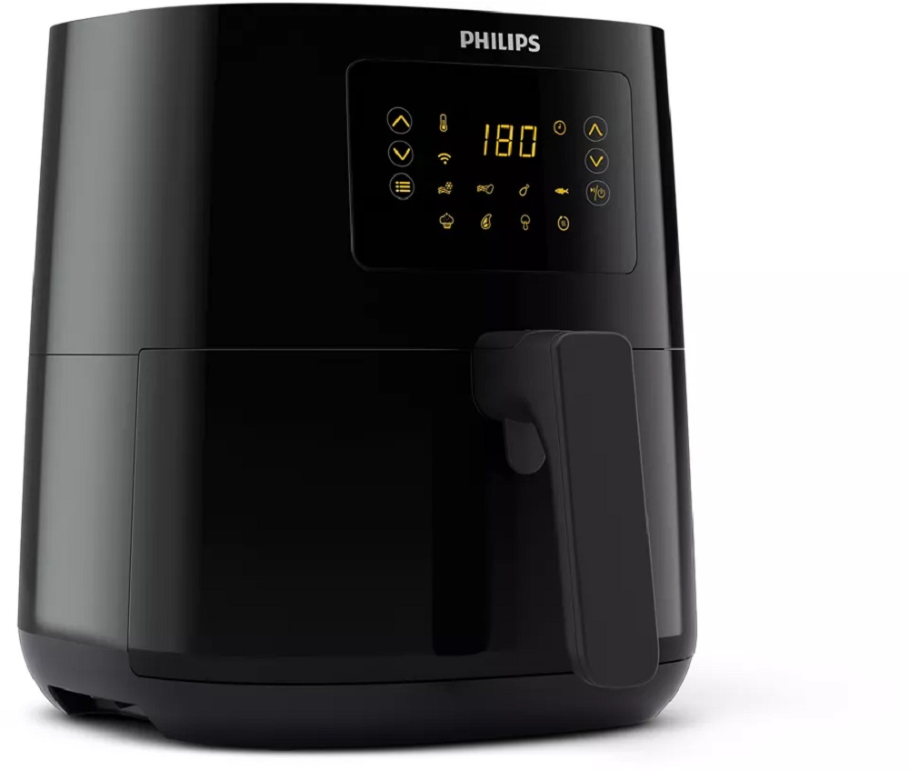 Philips HD9255/90 Airfryer in seitlicher Ansicht mit sichtbarem Display und Schubladengriff