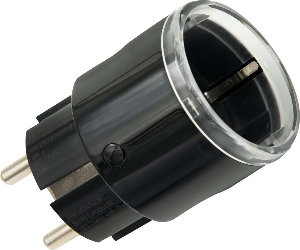 Shelly Plug S Gen3 smart WiFi plug, black, showing label and plug pins