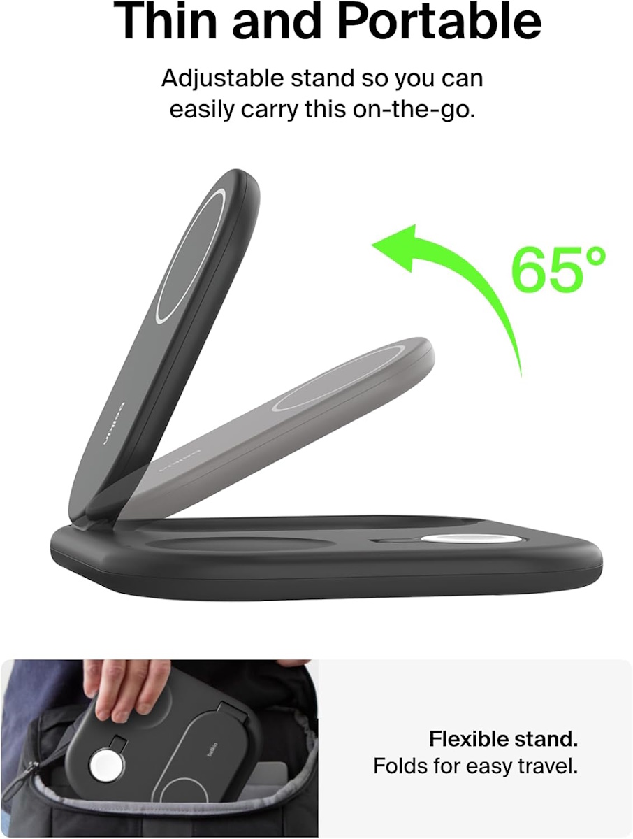 Slim and foldable Belkin BoostCharge Pro 3-in-1 charging station – portable travel design