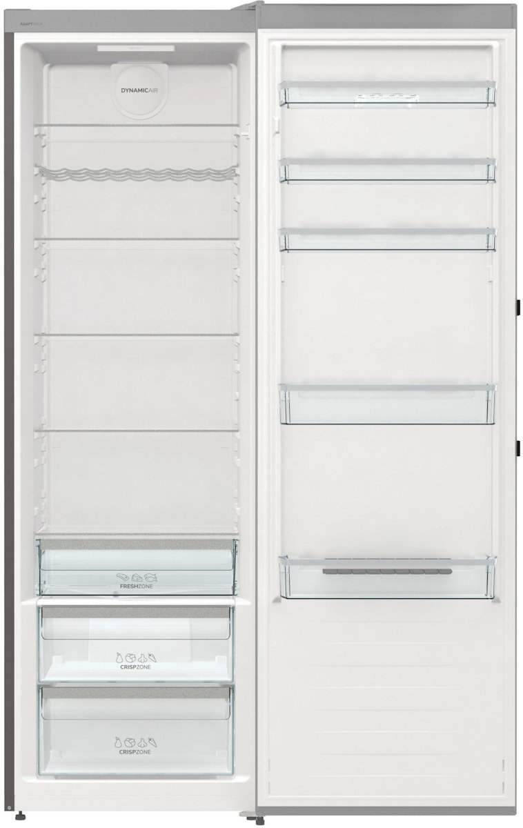 Gorenje R619DAXL6 Kühlschrank mit offener Tür, Innenraum mit Glasböden und Flaschenregal. Innenraum des Gorenje R619DAXL6 Kühlschranks.
