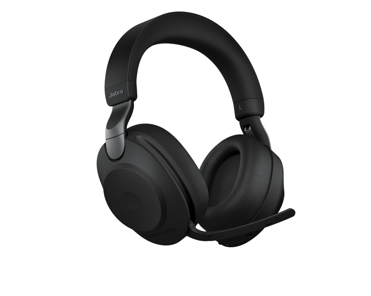 Jabra Evolve2 85 MS Stereo Bluetooth-Headset in Schwarz mit ausgeklapptem Mikrofonarm.