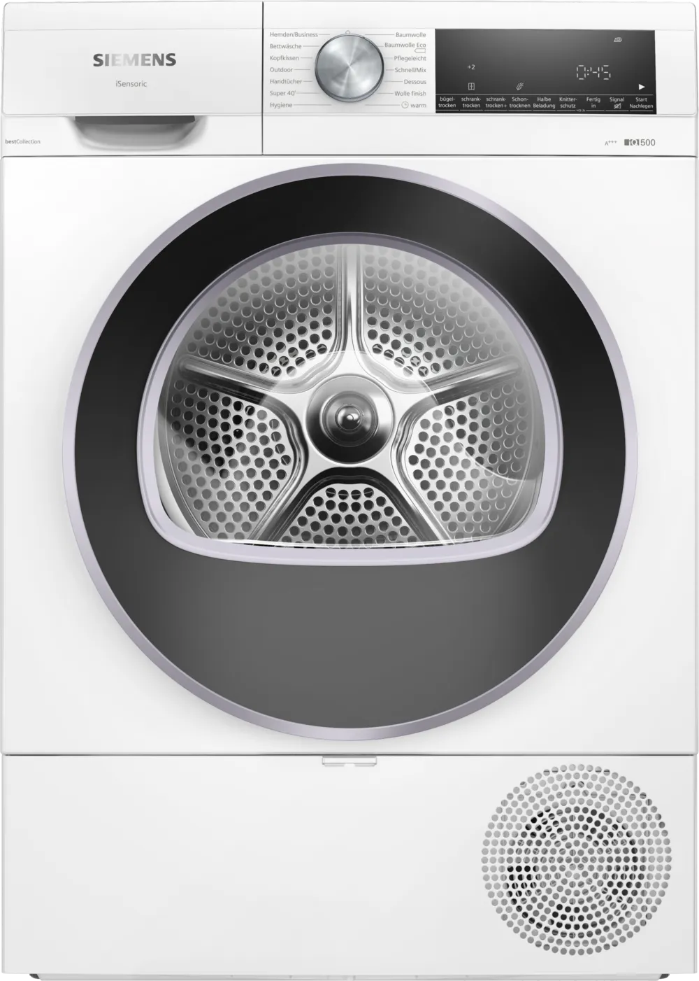 Frontansicht des weißen Siemens WQ33GSDG0 Wärmepumpentrockners mit iQ500 iSensoric Technologie, Programmwahlknopf und LED-Display.