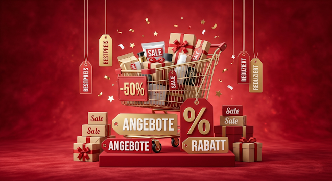 Ein hochwertiges Kategoriebild für den Store-Jet Sale, das einen goldfarbenen Einkaufswagen voller rabattierter Pakete und großer Preisschilder mit "-50%", "%" und "Angebote" vor einem reichen roten Hintergrund zeigt.