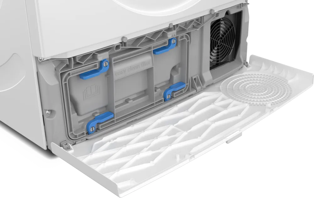 Geöffneter Sockel mit EasyClean Filter-System Der geöffnete Sockelbereich, zeigt das EasyClean Filter-System (grauer Kasten mit blauen Halterungen) und das Gebläse des Trockners.