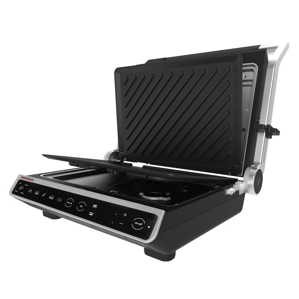 Austauschbare Grillplatten – einfache Reinigung und flexible Nutzung Entnommene Grillplatten des GASTROBACK Kontaktgrills zeigen austauschbares Plattensystem