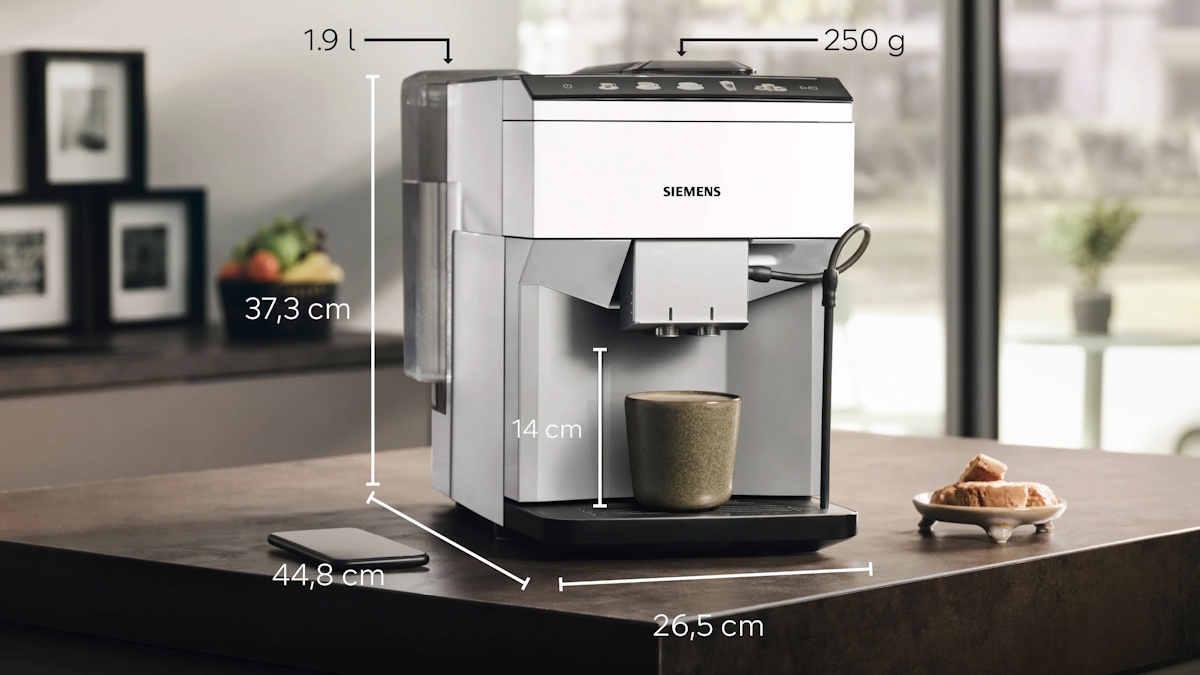 The compact Siemens EQ.500 coffee machine in a modern kitchen environment.