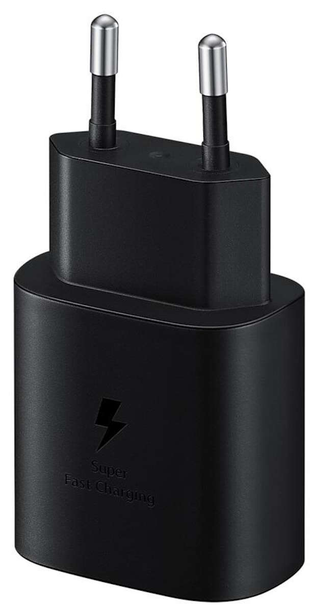 Compact Samsung wall plug with USB-C port shown from an isometric perspective.