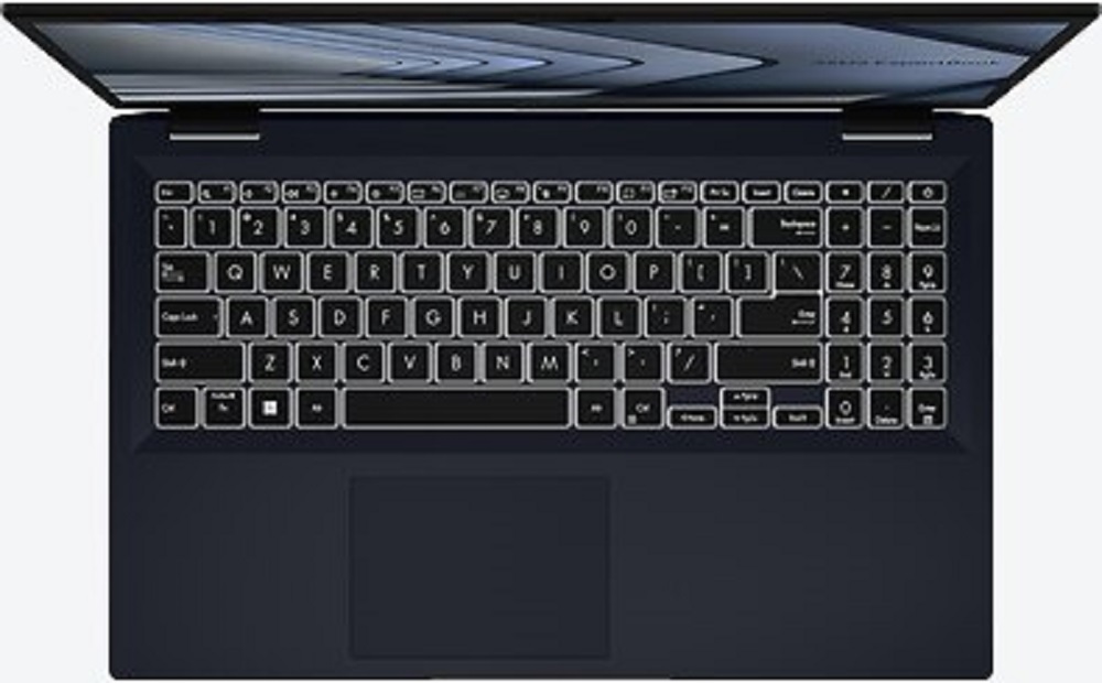 ASUS ExpertBook B1 B1402CBA, von oben betrachtet, mit eingeschalteter Hintergrundbeleuchtung der Tastatur.